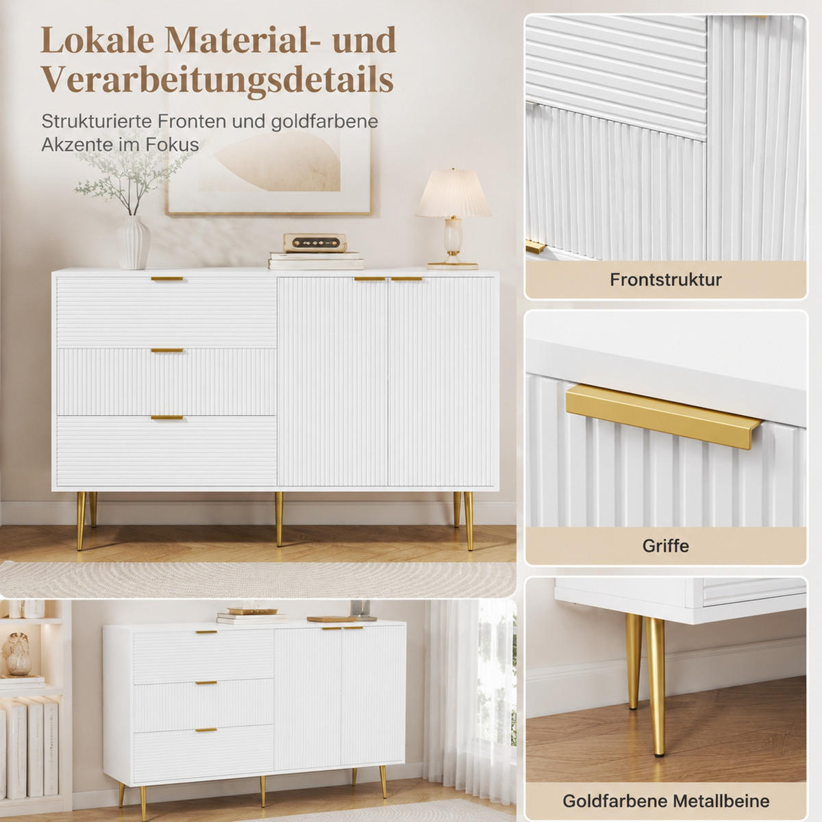 SIDEBOARD z MDF, 120/38/80,5 cm bílý/zlatý se 3 zásuvkami a 2 dvířky - bílá, kompozitní dřevo (120/80.5/38cm) - Modenvie