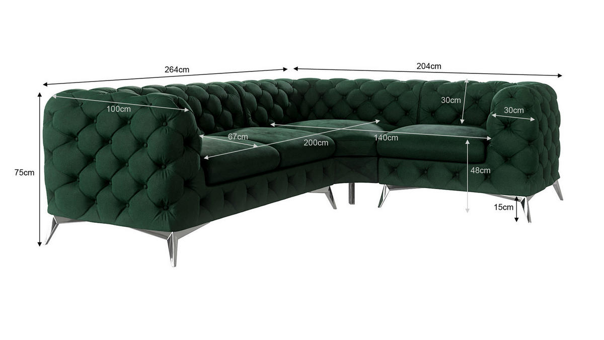 ECKSOFA Chesterfield Laura Flasche Grün Samt, Ottomane rechts - Smaragdgrün/Silberfarben, Holz/Textil (264/204cm) - S-Style Möbel
