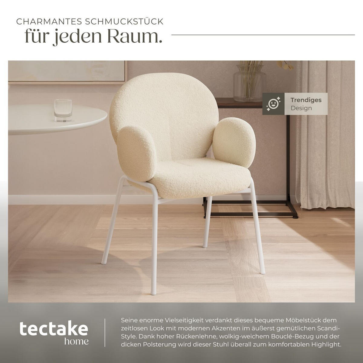 STUHL 1er Set Scandi Belastbarkeit 120 kg 61 5 x 62 x 90 - Creme, Kunststoff (62/90/61.5cm) - tectake
