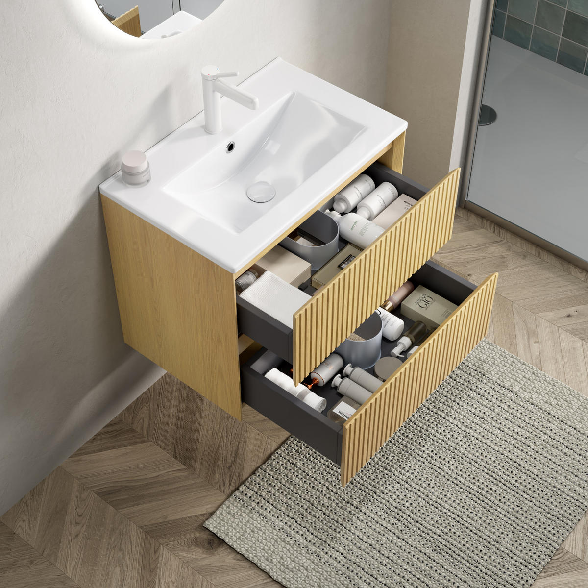 BADEZIMMERSCHRANK 61x39x51.5 cm Golden Oak & Weiß aus Keramik & Sperrholz mit 2 Schubladen - Eichefarben, Keramik (61/51.5/39cm) - Modfu
