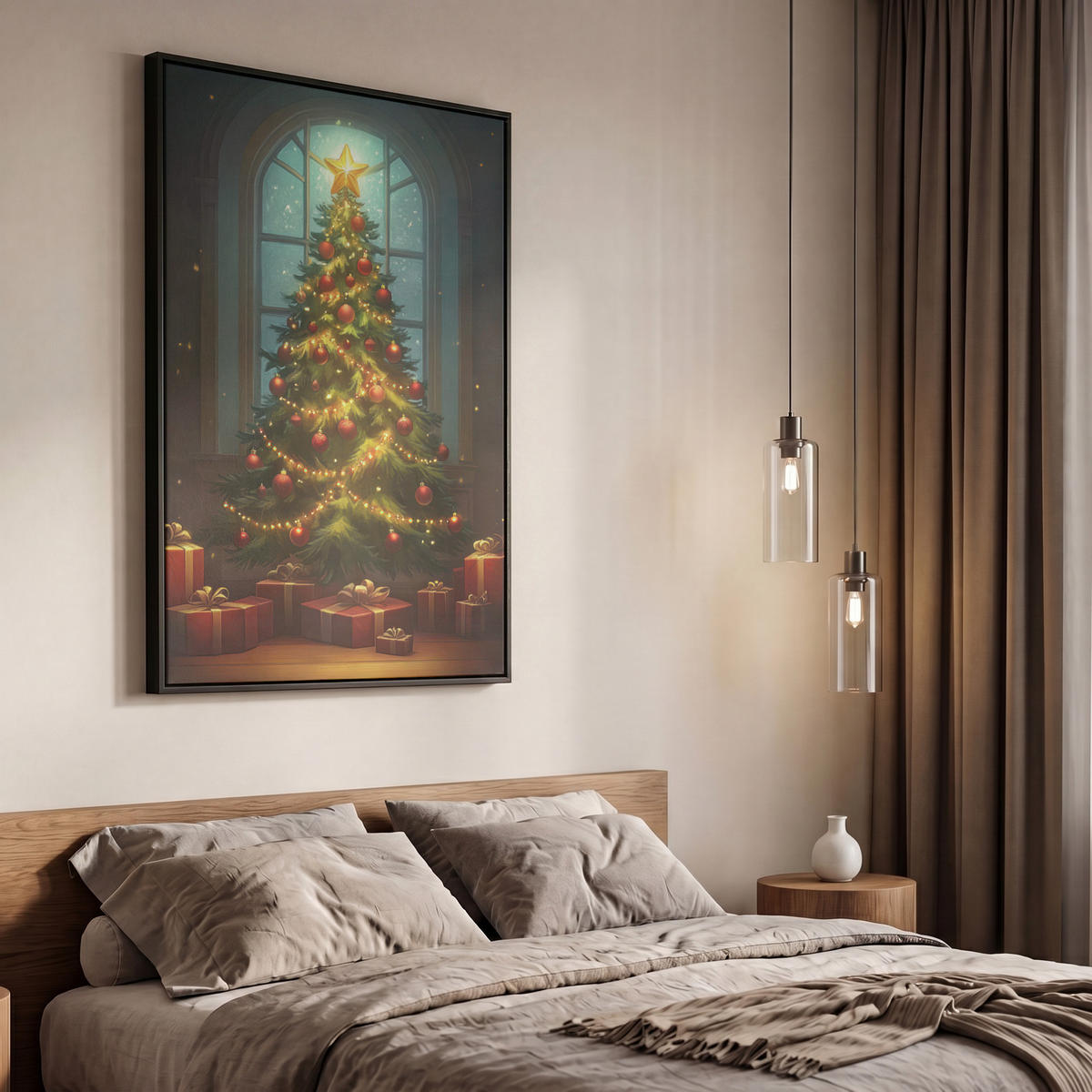 LEINWAND Bilder mit Rahmen - Weihnachtsbaum - Geschenk - Winter - 60x90 - Grün, Textil (60/90cm) - MuchoWow