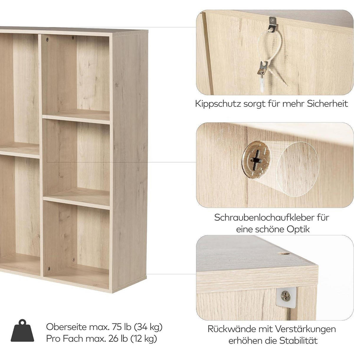 BÜCHERREGAL Würfelregal Weißeiche 8 Fächer 91,2 x 91,4 cm - Beige, Holzwerkstoff (91.4/91.2/24cm)