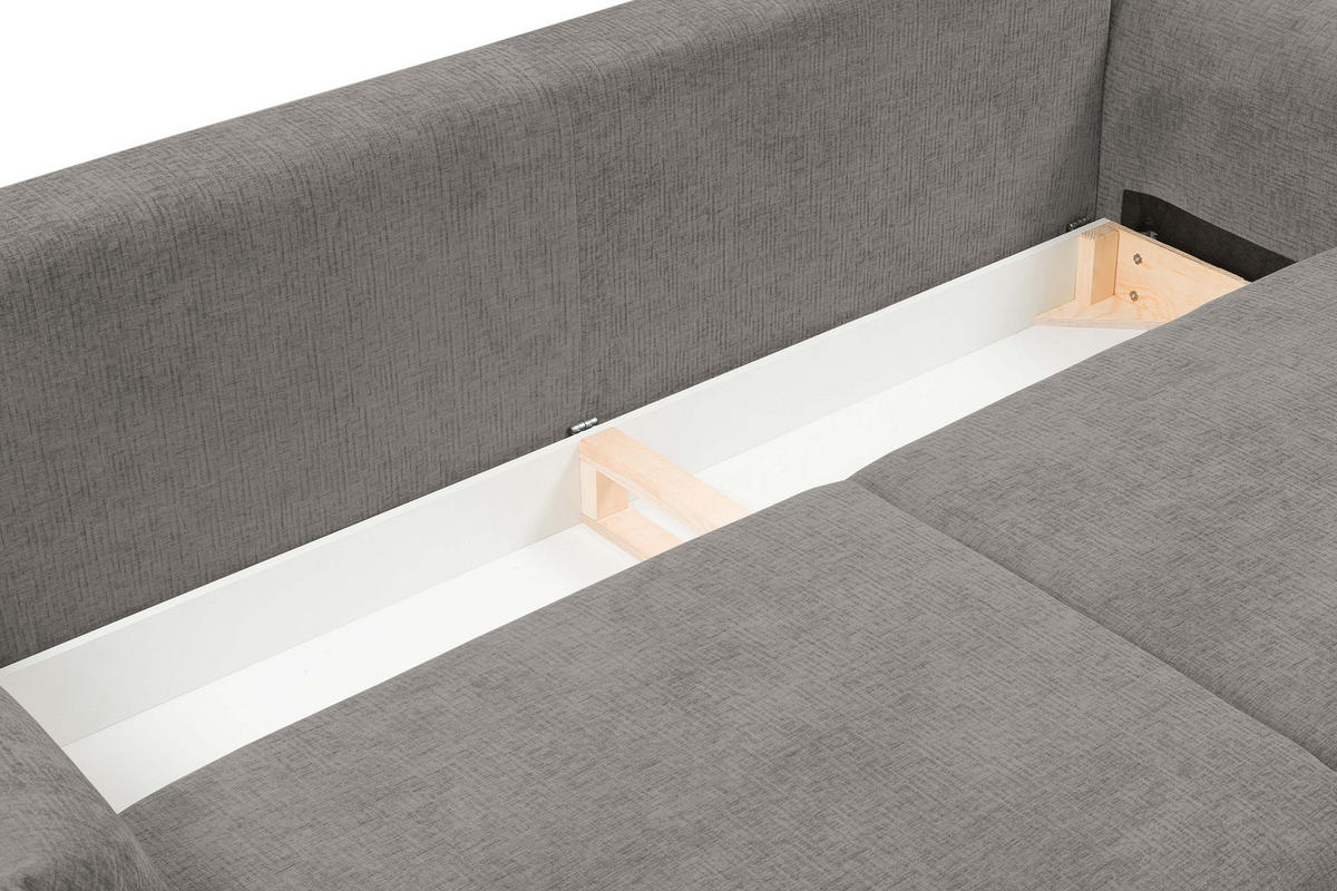 SOFA ADEL - Schlaffunktion Und Bettkasten, Wellenfederung, PUR-Schaum, Schwarze Metallfüße lose Rückenkissen, freistehend, 240x108x75 cm Light grey - Hellgrau, Holz/Textil (240/75/108cm) - DomoHome