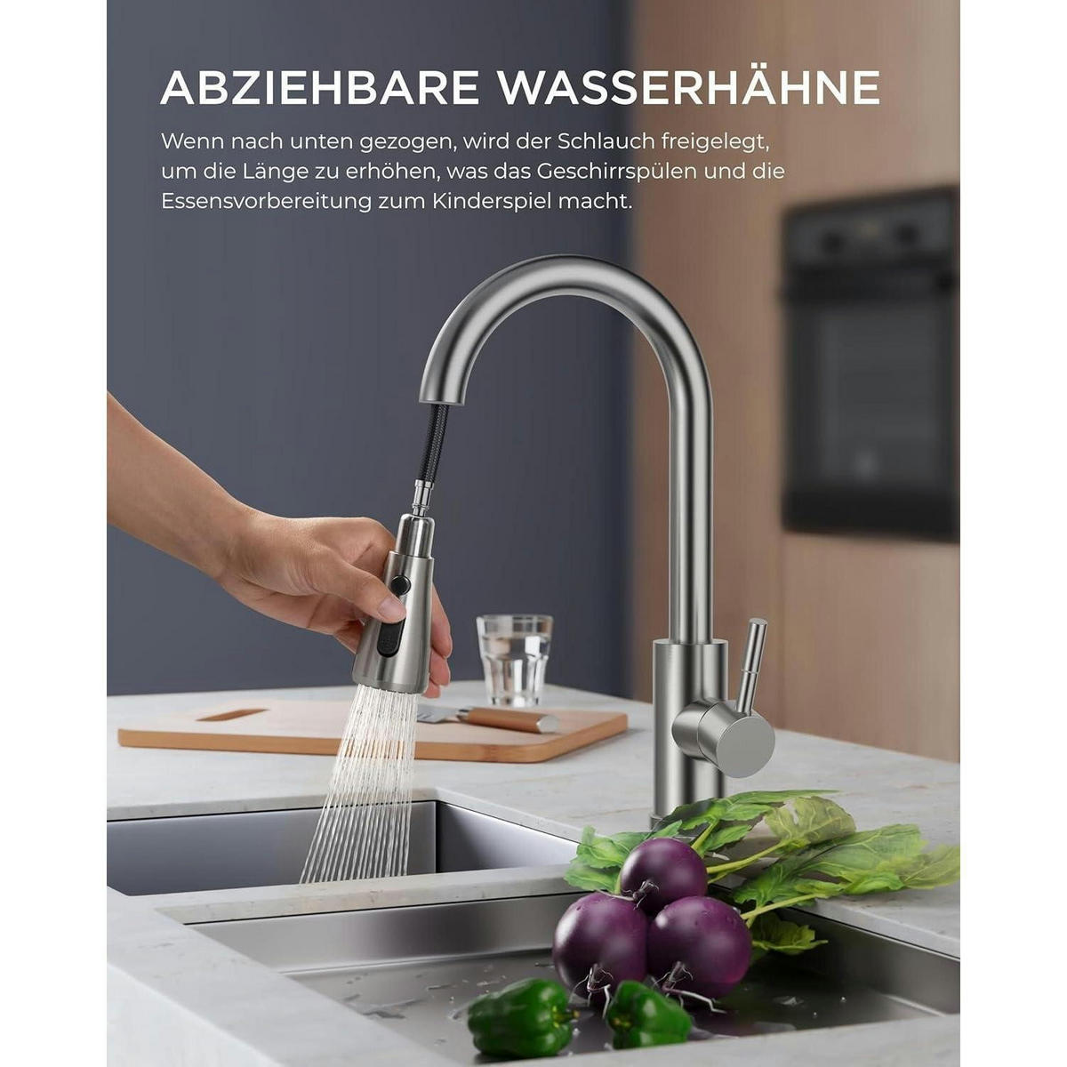 KÜCHENARMATUR mit ausziehbarer Brause Edelstahl 360° schwenkbar - Silberfarben, Metall (5/42.5/25cm)