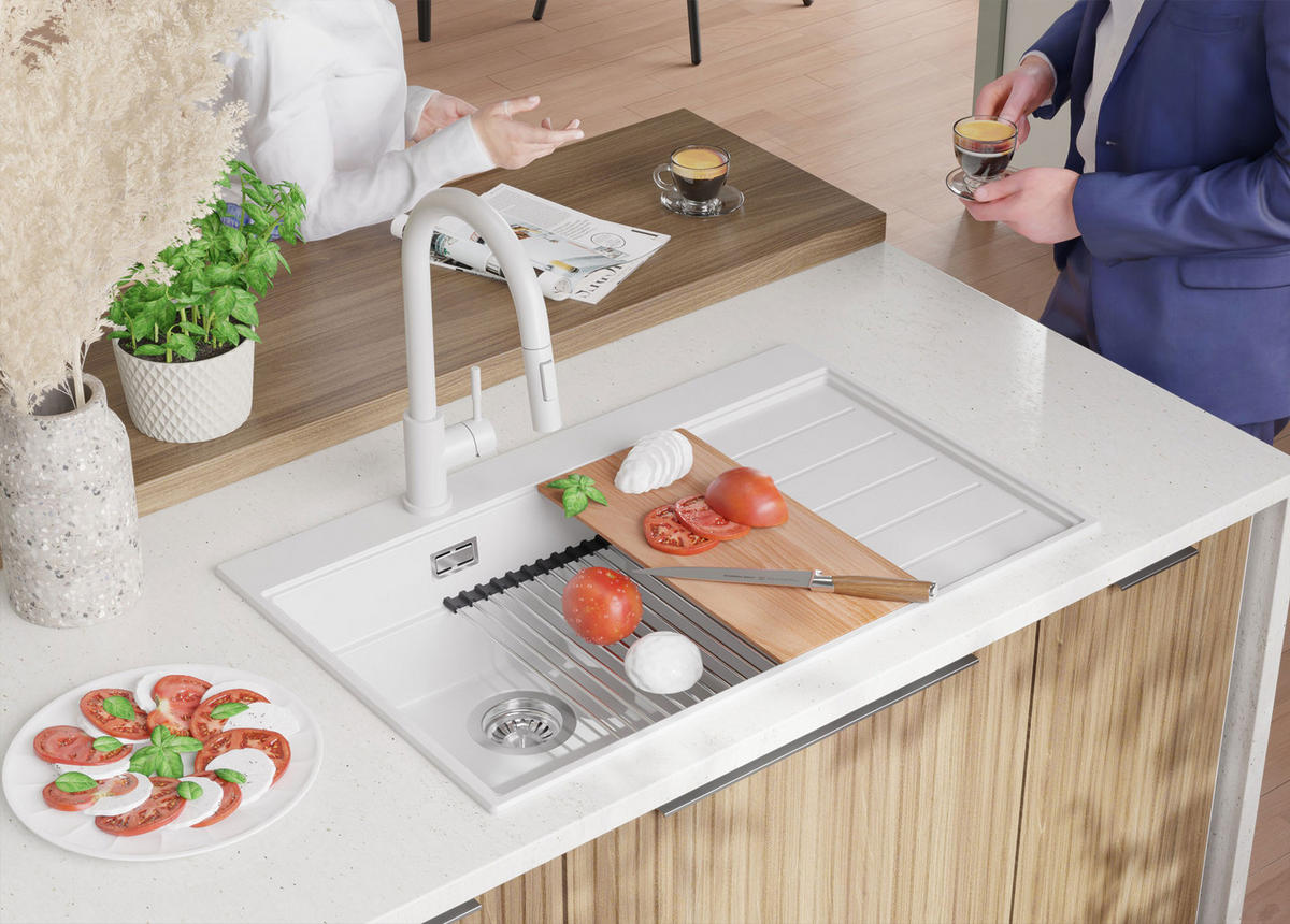 SPÜLBECKEN Sydney, 2-er set Weiß 78/50 cm 1 Becken + Ablauf-Set + Küchenzubehörset ab 50er Unterschrank - Chromfarben/Beige, Kunststoff (78/20/50cm) - Primagran