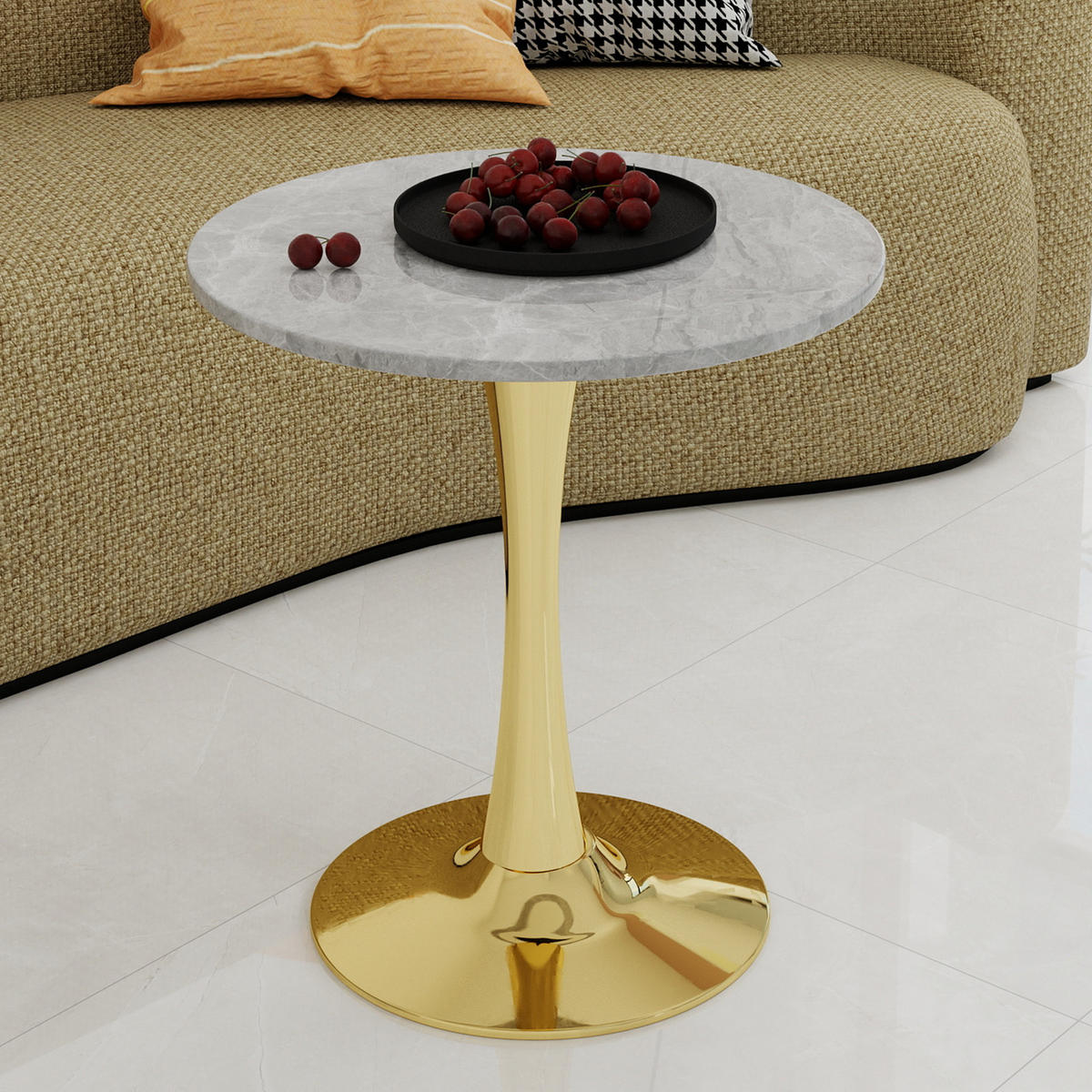 COUCHTISCH in Gold Wohnzimmertisch mit einer runden Marmor-Tischplatte für Wohnzimmer, B70/T70/H72 cm - Goldfarben, Stein/Metall (70/70/72cm) - STILVORA