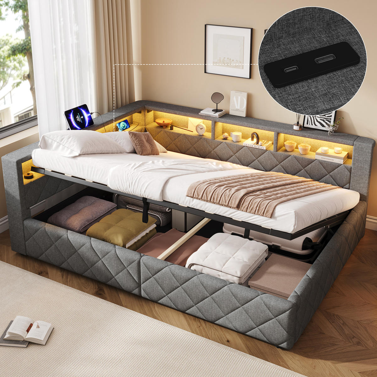 SCHLAFSOFA 140 x 200 cm, Grau, Leinen, LED, USB - Grau, Naturmaterialen (140/200cm) - FLIEKS