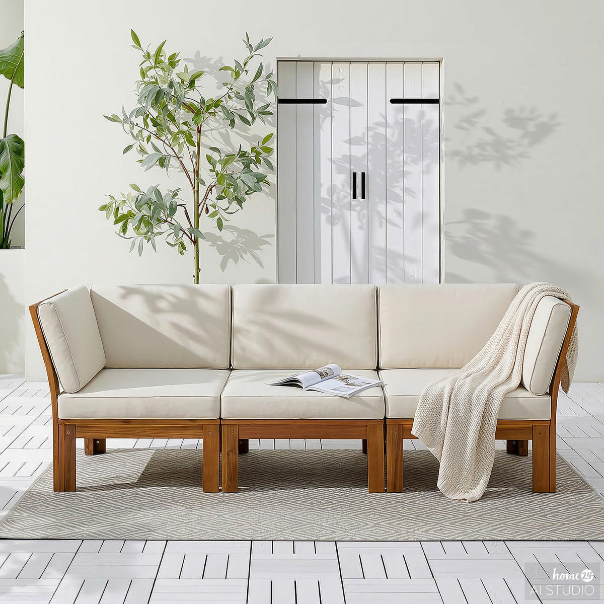 LOUNGESOFA - 3-teilig - Webstoff / Akazie massiv - Weiß, Holz/Textil - home24