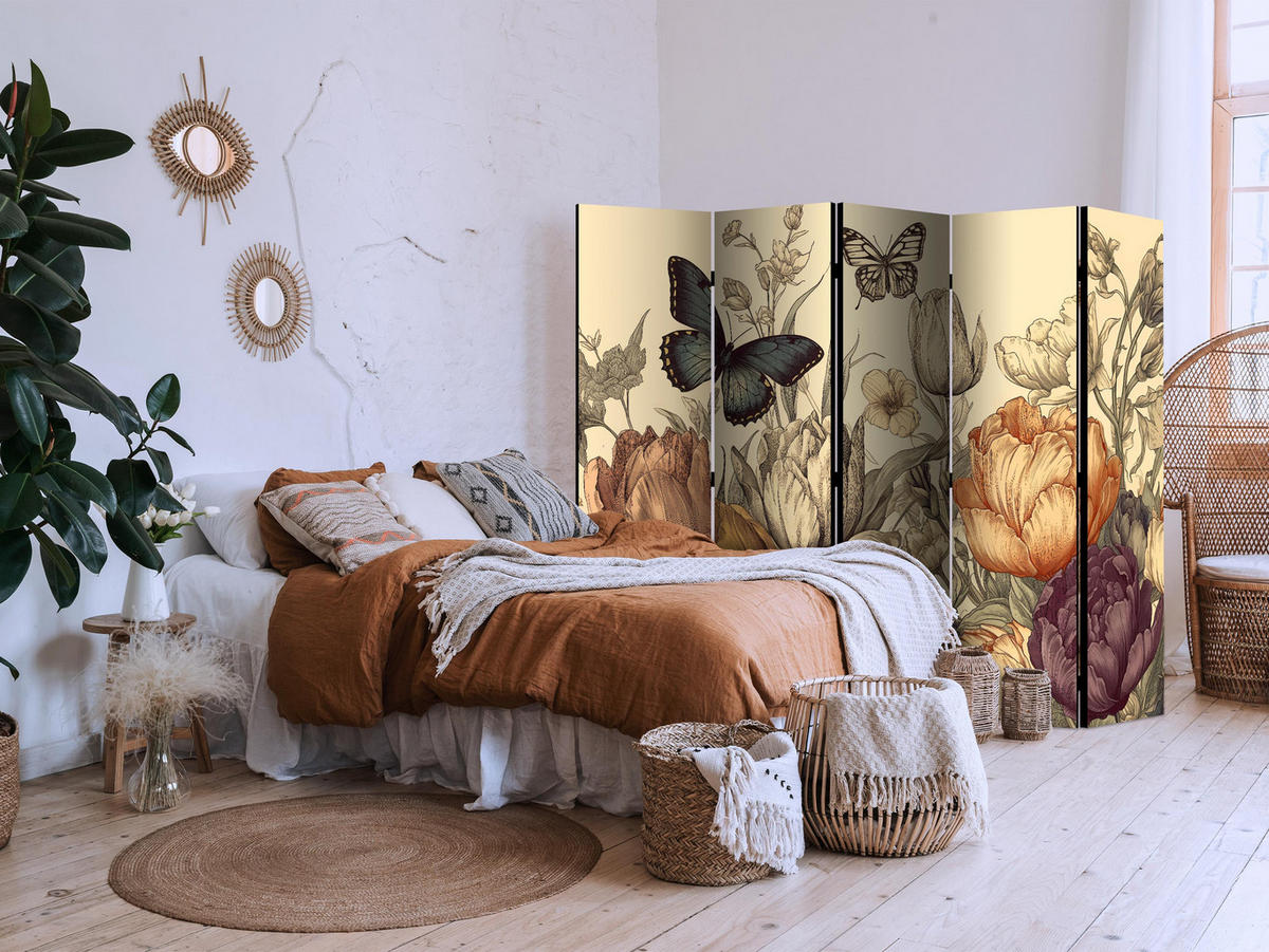PARAVÁN Akustický 5-dielny 225x172 cm Tulipány v Retro - viacfarebná, drevo/textil (225/172/3cm) - Muralo
