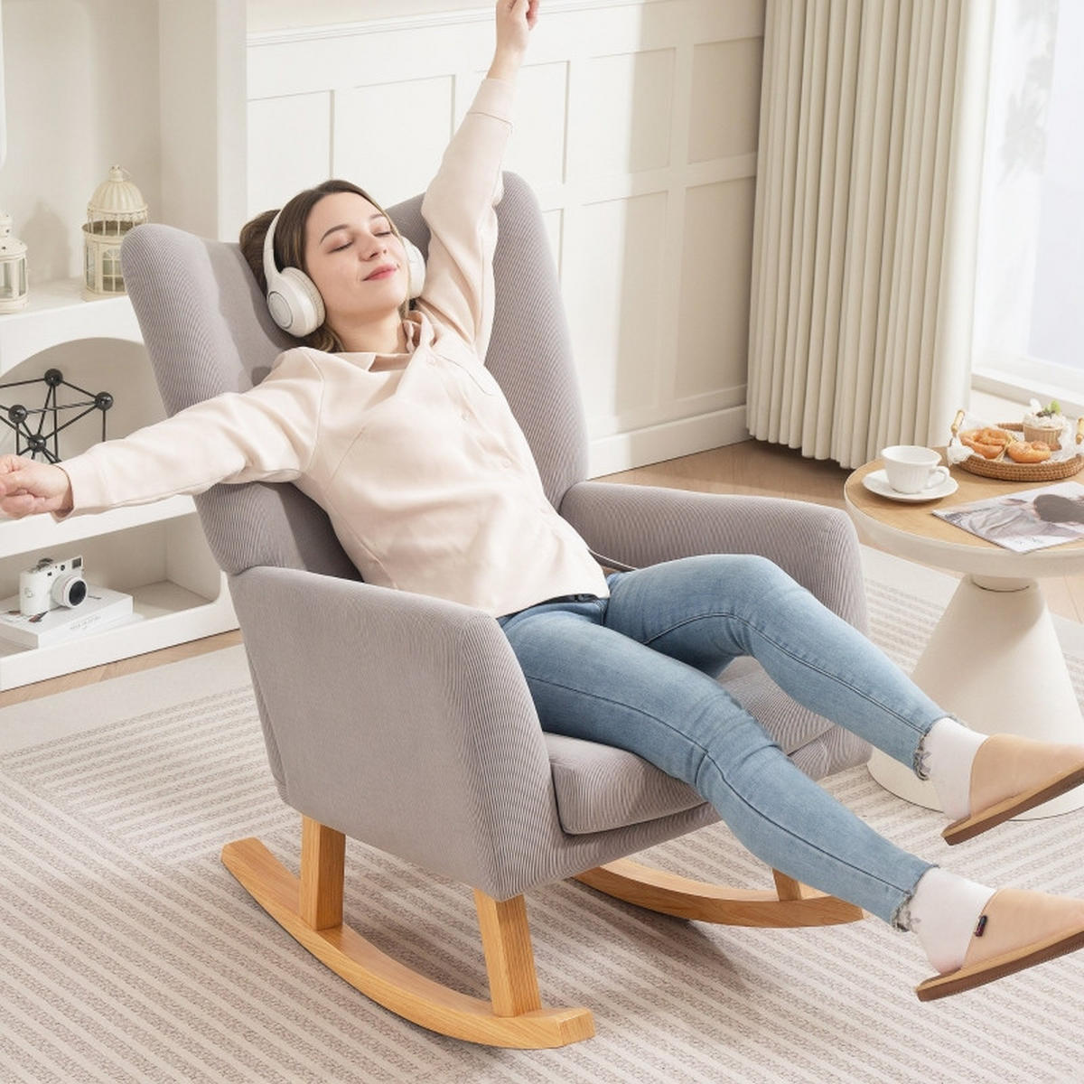 SCHAUKELSTUHL mit Cordbezug, Kautschukholzgestell 72/97/100 cm Hellgrau - Hellblau, Holz (72/100/97cm) - Redom