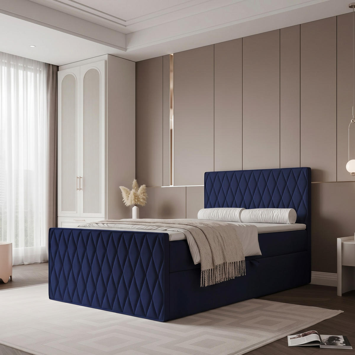 BOXBETT PONTI III 120x200 cm Marineblau (Samt) - mit Bettkasten, Bonellmatratze und Rautensteppung - Dunkelblau, Holzwerkstoff/Textil (120/200cm) - Ravio