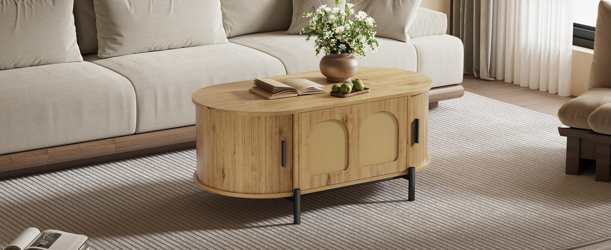 COUCHTISCH oval Rattan Holzoptik - Naturfarben, Holzwerkstoff (50/100/40cm)