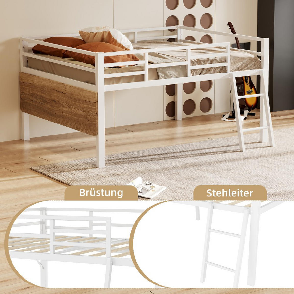 METALLBETT 140 x 200 cm in Weiß mit LED-Lichtband - Weiß, Metall (140/200cm) - KOMHTOM