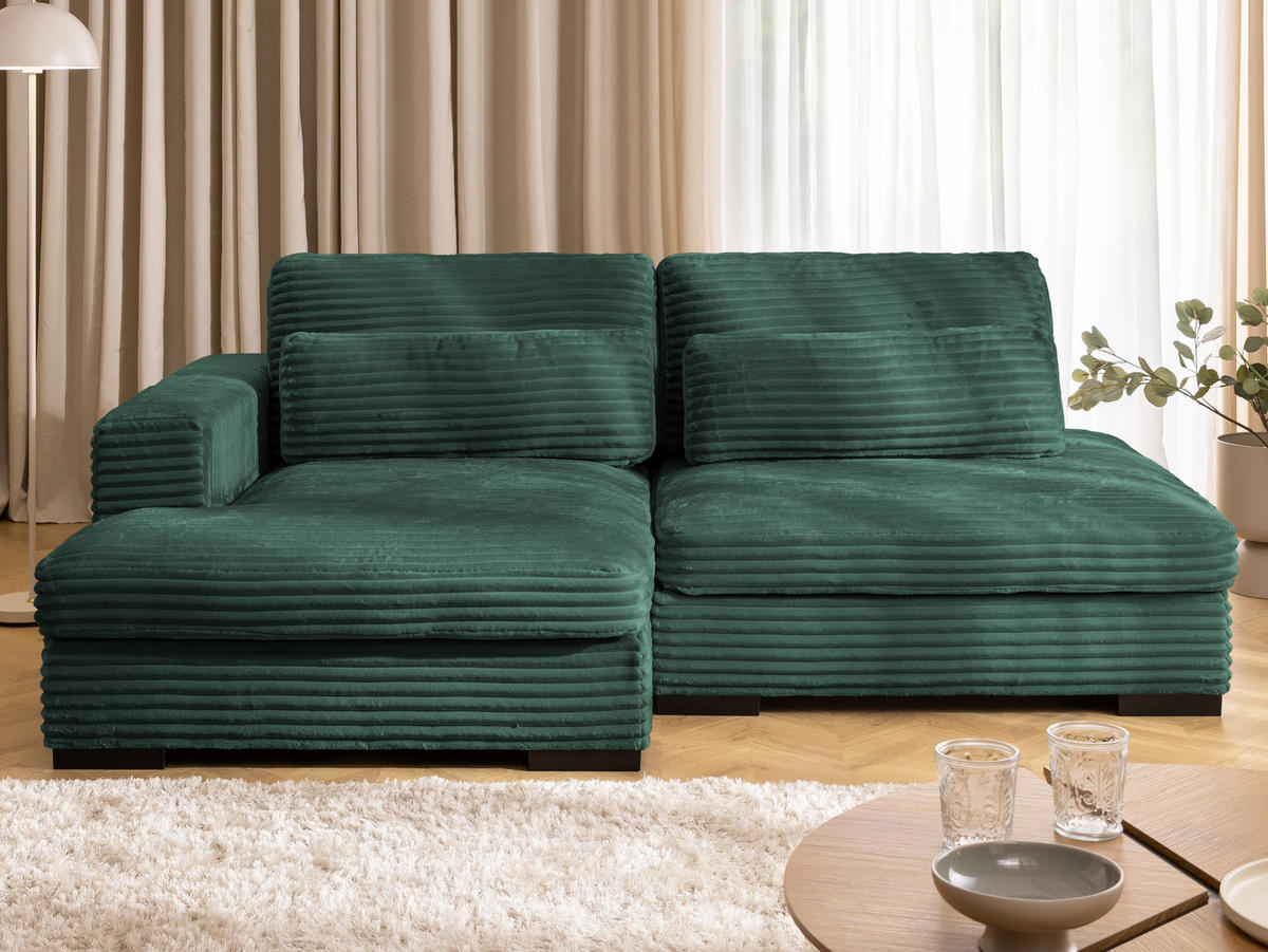 ECKSOFA Wolke mit tiefer Sitzfläche, Schlaffunktion und praktischem Bettkasten aus weichem Grün Cordstoff - Schwarz/Grün, Holz/Kunststoff (162/225cm) - S-Style