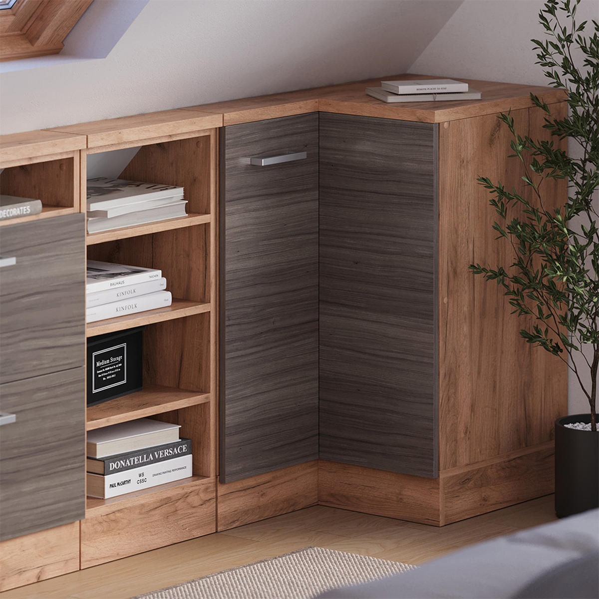 DACHSCHRÄGENSCHRANK ECKSCHRANK Rion Edelgrau/Goldkraft Eiche 75.6 x 81.6 cm mit 1 Tür - Honigeiche/Grau, Holzwerkstoff (75.6/81.6/75.6cm) - Vicco