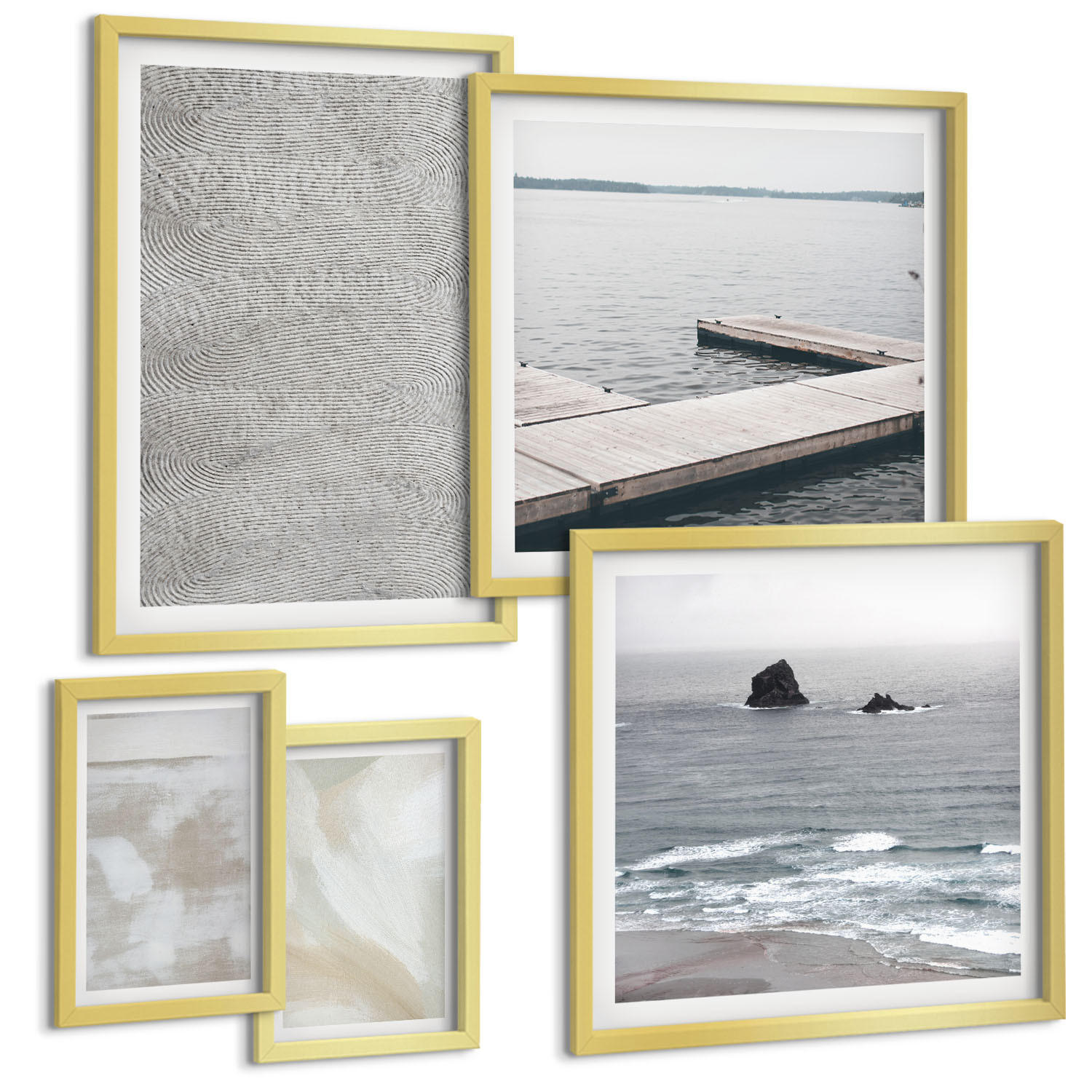 BILDER SET 5er Set - 50x50 cm & 20x30 cm & 40x60 cm Goldrahmen - Abstraktes Design, moderne Texturen - Goldfarben, Kunststoff (40/60cm) - TULUP