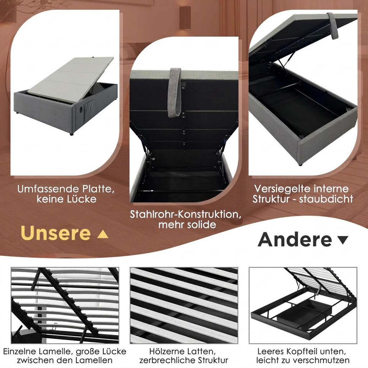 POLSTERBETT 90/200 cm Grau mit USB- C, Ohne Kopfteil - Grau, Textil (90/200cm) - Oxeza