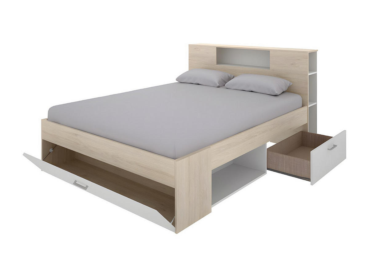 BETT mit Kopfteil, Stauraum & Schubladen - 140 x 190 cm - Weiß & Naturfarben - LEANDRE - Naturfarben/Weiß, Holz (149.6/218.5cm) - Vente-Unique