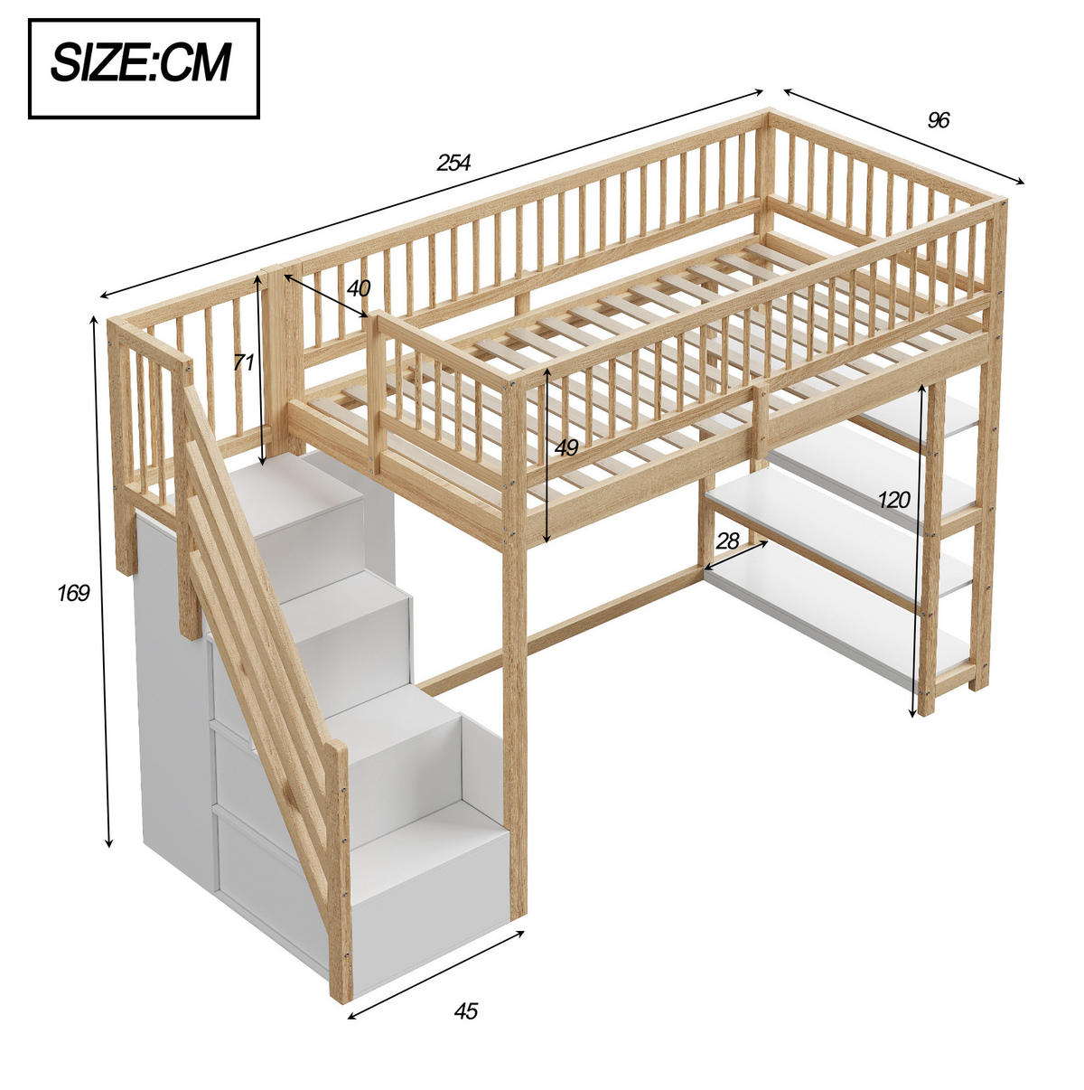 HOCHBETT 90/200 cm aus Massivholz mit Kleiderschrank und Regalen Holzfarben - Naturfarben, Holz (90/200cm) - Modenvie