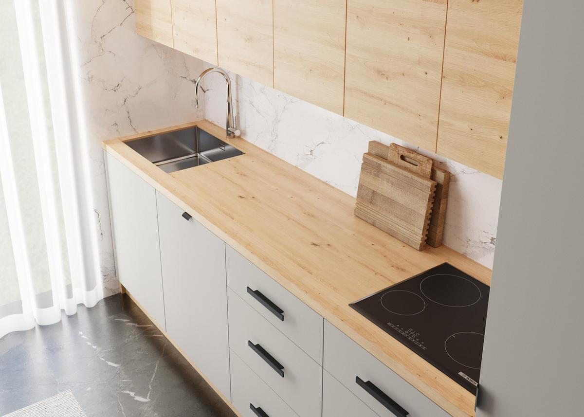 KÜCHENZEILE 360 cm – Langen K72-M360 - in Beige / ArtisanEiche - Beige/Schwarz, Holzwerkstoff/Metall (360/248/58cm)