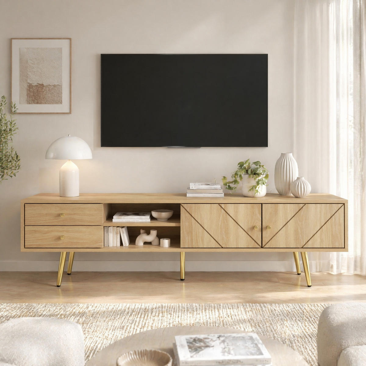 TV STOLEK přírodní, zásuvky, zlaté nohy, do obývacího pokoje, 160×36×42 cm - přírodní/zlatá, kov/kompozitní dřevo (160/42/36cm) - STILVORA