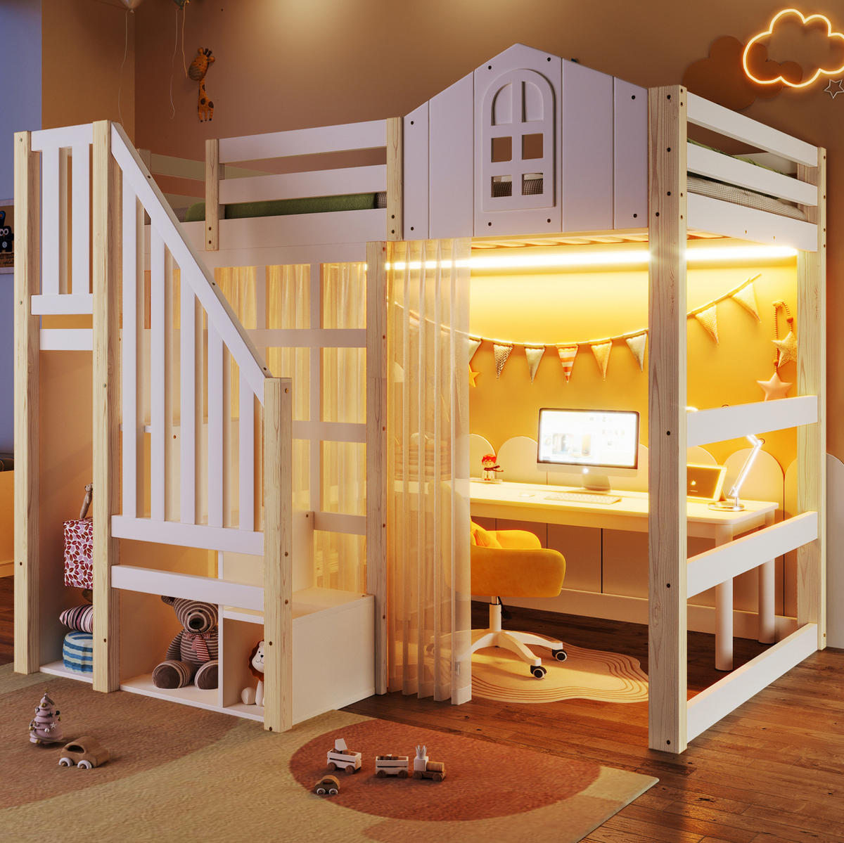 HOCHBETT aus Kiefer und MDF 140x200 cm Weiß/Natur mit LED-Beleuchtung, Ablageleiter, Gaze und Schlossdesign - Weiß, Holzwerkstoff (70/180cm) - Modfu