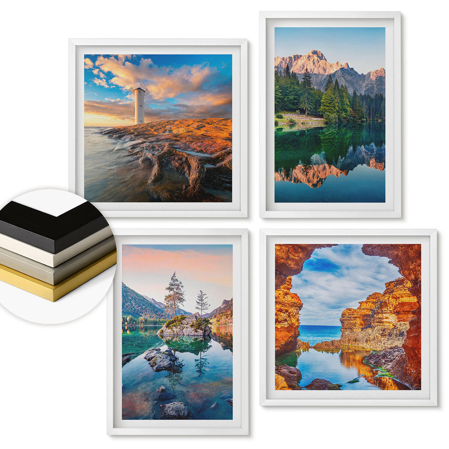 WANDBILDER 4er-Set - 50x50 cm & 40x60 cm Weißer Rahmen - Spiegelung der Felsen in Bergseen - Weiß, Kunststoff (50/50cm) - ArtPrintCave