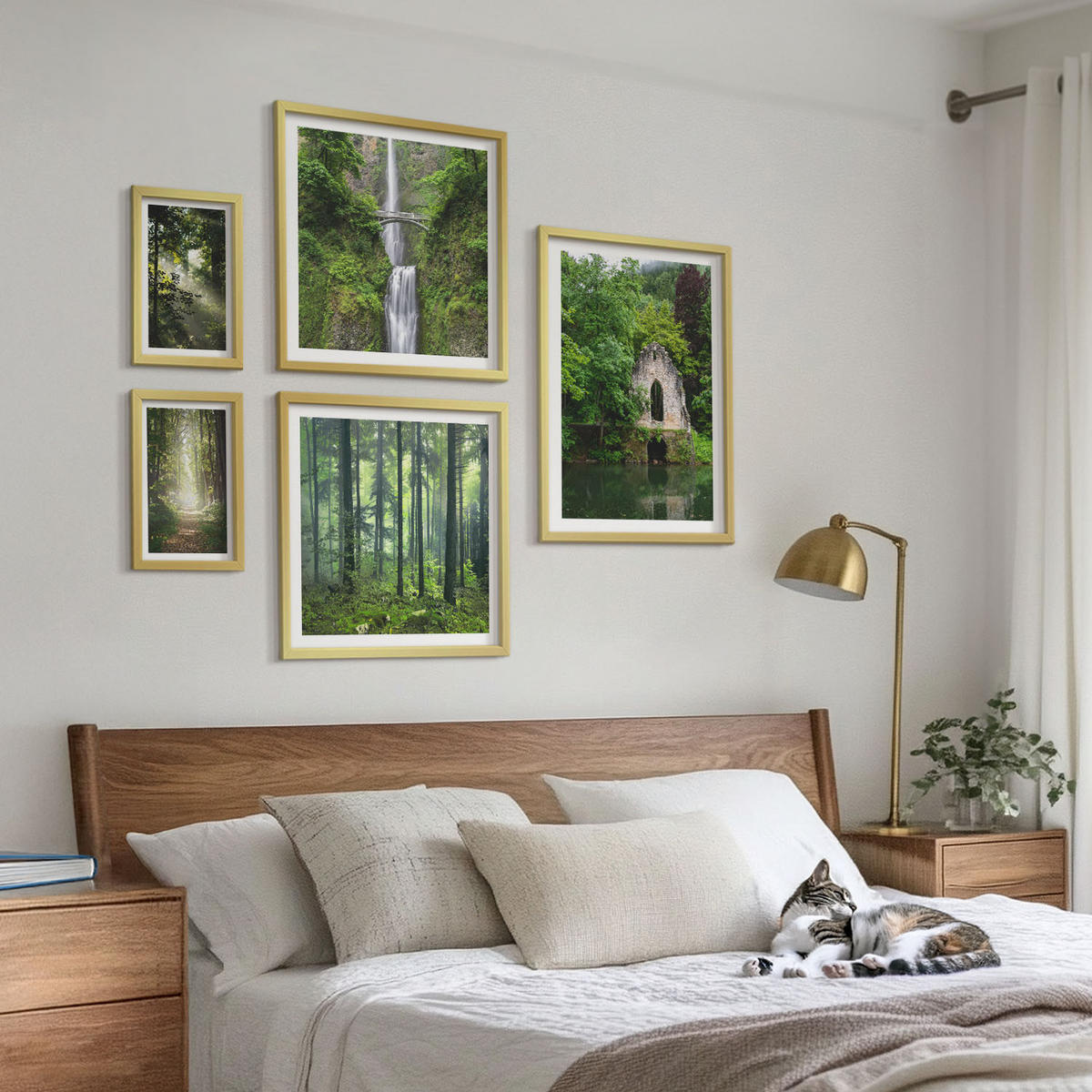 WANDBILDER 5er Set - 50x50 cm & 20x30 cm & 40x60 cm Goldrahmen - Grüne Wälder, Lichtstrahlen - Goldfarben, Kunststoff (40/60cm) - ArtPrintCave