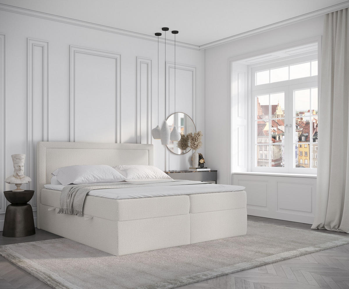 BOXBETT Tribeca Creme 200/200 cm mit Taschenmatratze und Topper - Creme/Schwarz, Holz/Holzwerkstoff (200/200cm) - Maison de Reve