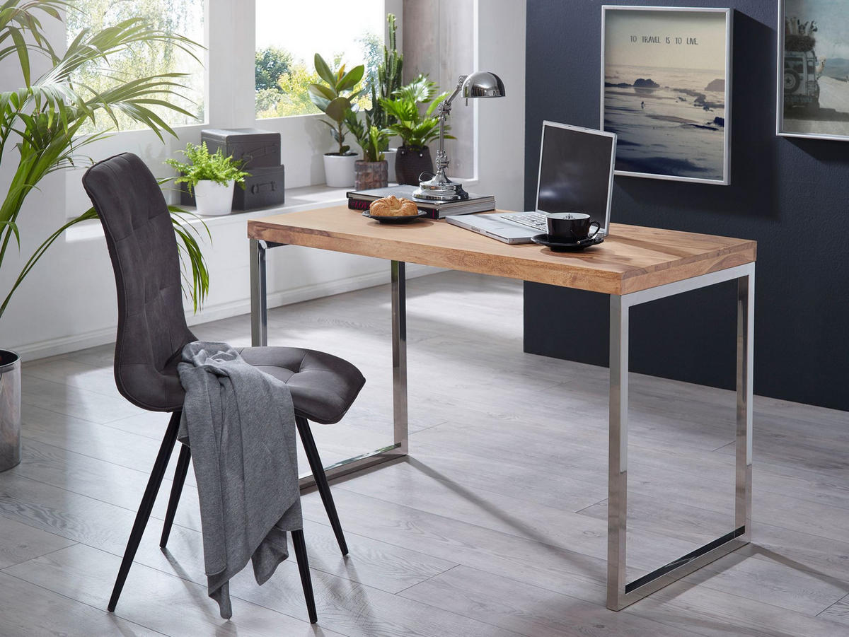 SCHREIBTISCH Massivholz Metallbeine Landhausstil GUNA, Akazie 60x120x76 cm - Silberfarben/Akaziefarben, Holz/Metall (120/60/76cm) - KADIMA DESIGN