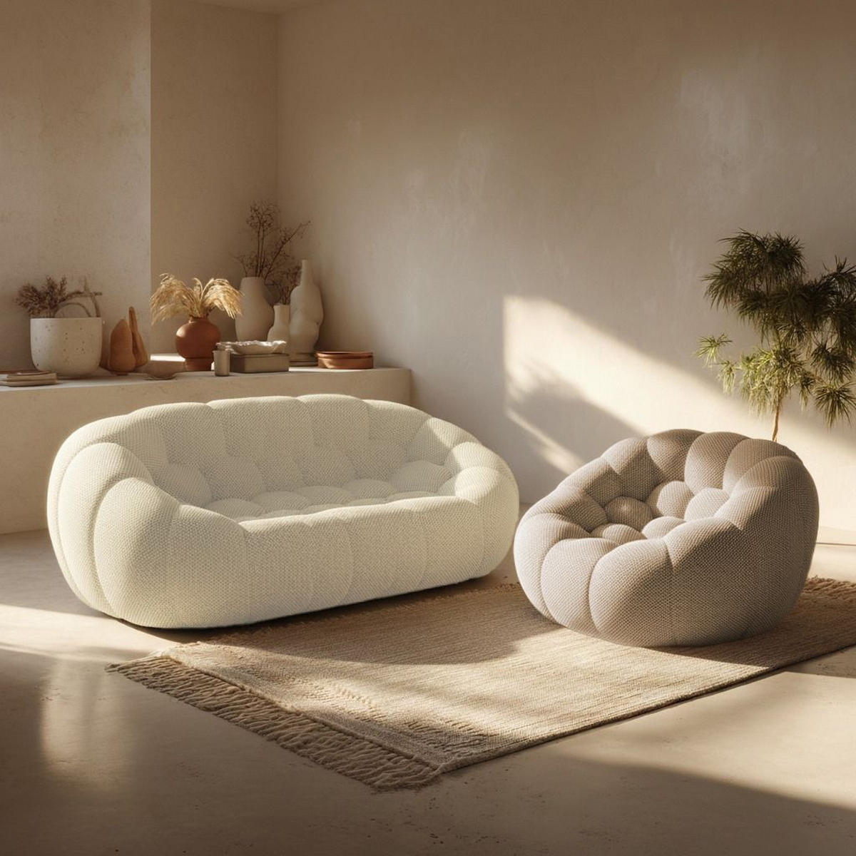 SITZGARNITUR Cocoon Sofa und Sessel Weiß und Sand - Sandfarben/Weiß, Textil (190/75/113cm) - COCO Living