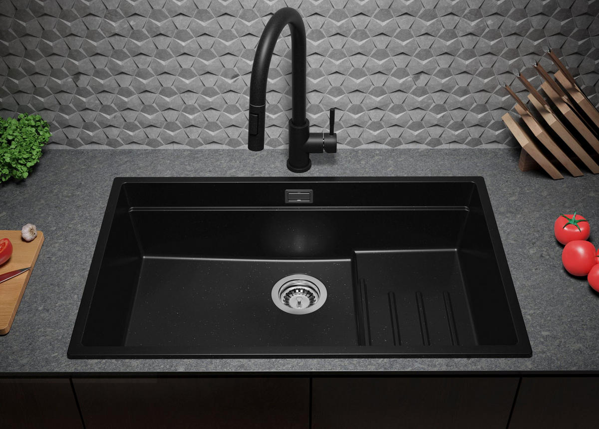 SPÜLBECKEN Praga Slim, 2-er set Schwarz Metallic 76/47 cm 1 Becken + Ablauf-Set + Aufrollbare Abtropffläche ab 80er Unterschrank - Chromfarben/Schwarz Hochglanz, Kunststoff (76/20/47cm) - Primagran