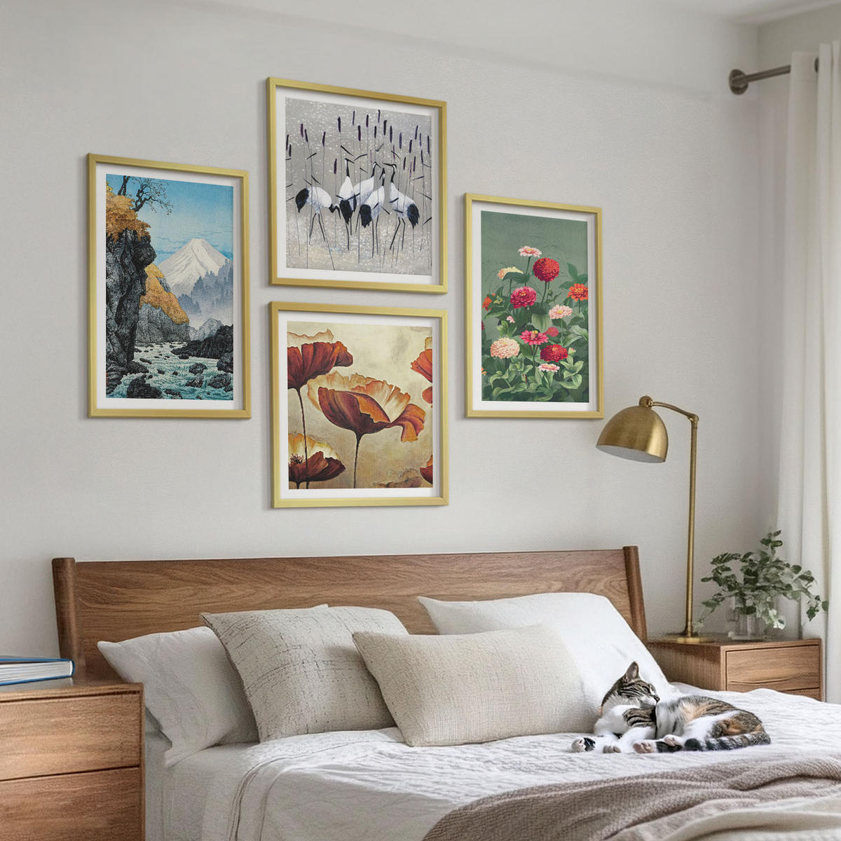 BILDER SET 4er Set - 50x50 cm & 40x60 cm Goldrahmen - Berge, Wasserfälle, Vögel, Blumen - Goldfarben, Kunststoff (50/50cm) - TULUP