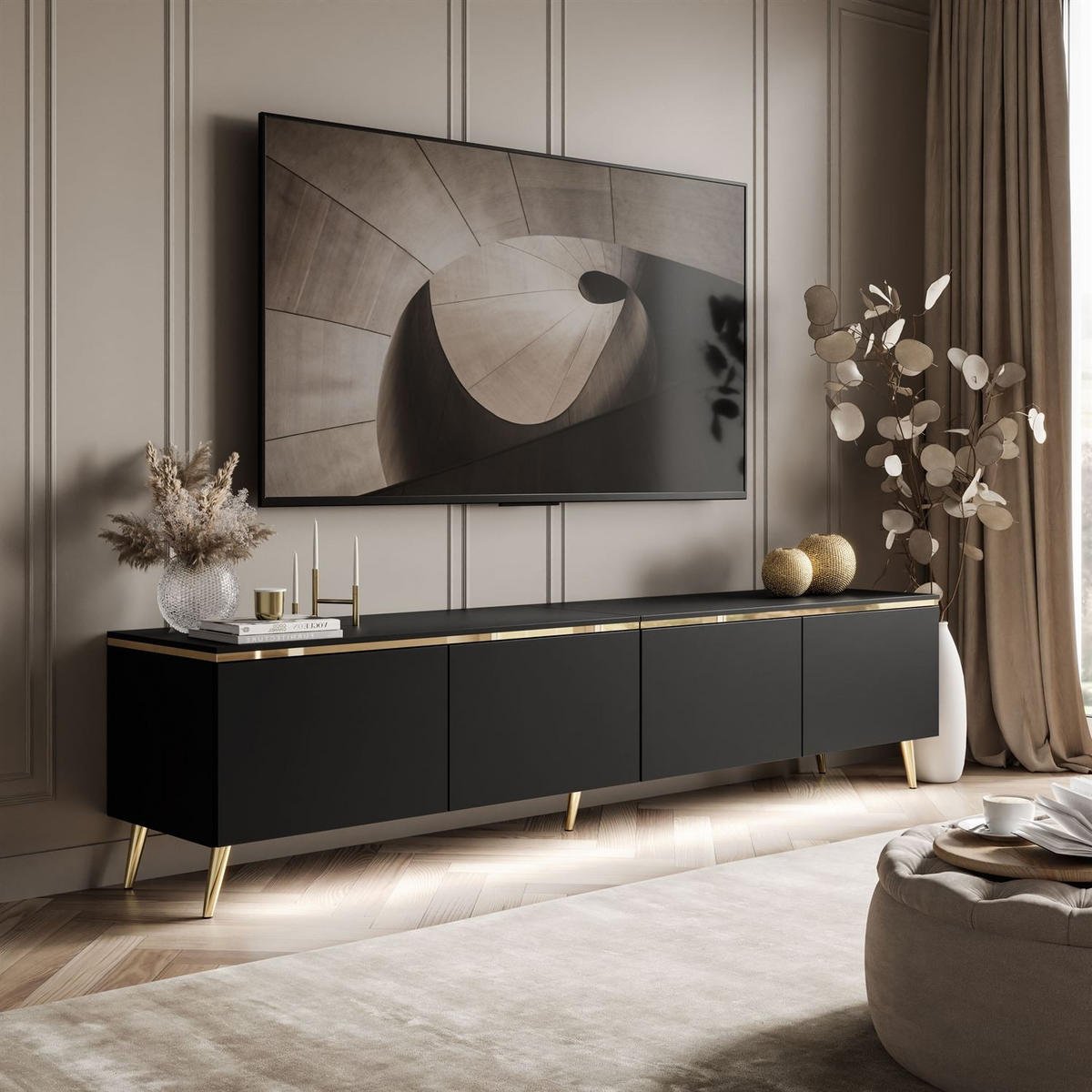 TV-SCHRANK CELINE 200 cm schwarz matt auf schräge goldenen Füßen - Schwarz, Holzwerkstoff (200/49/40cm) - Lookway