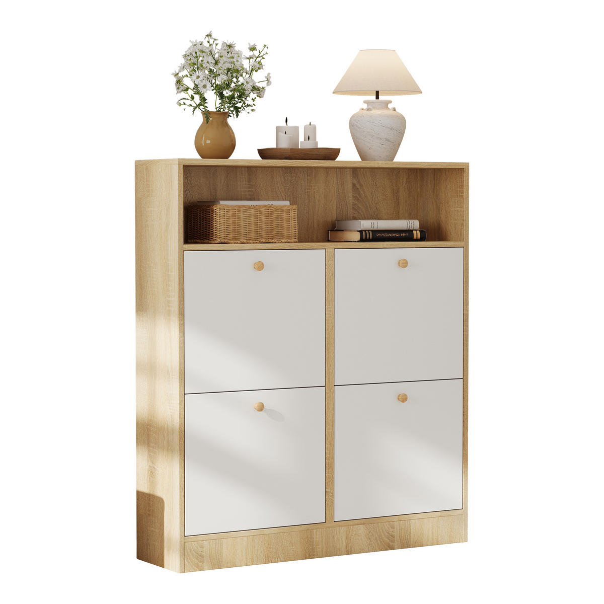SCHUHSCHRANK mit 4 Ablagefächern und verstellbaren Trennwänden 90/24/104.5 cm - Weiß/Naturfarben, Holzwerkstoff/Metall (90/104.5/24cm) - EVRYAE