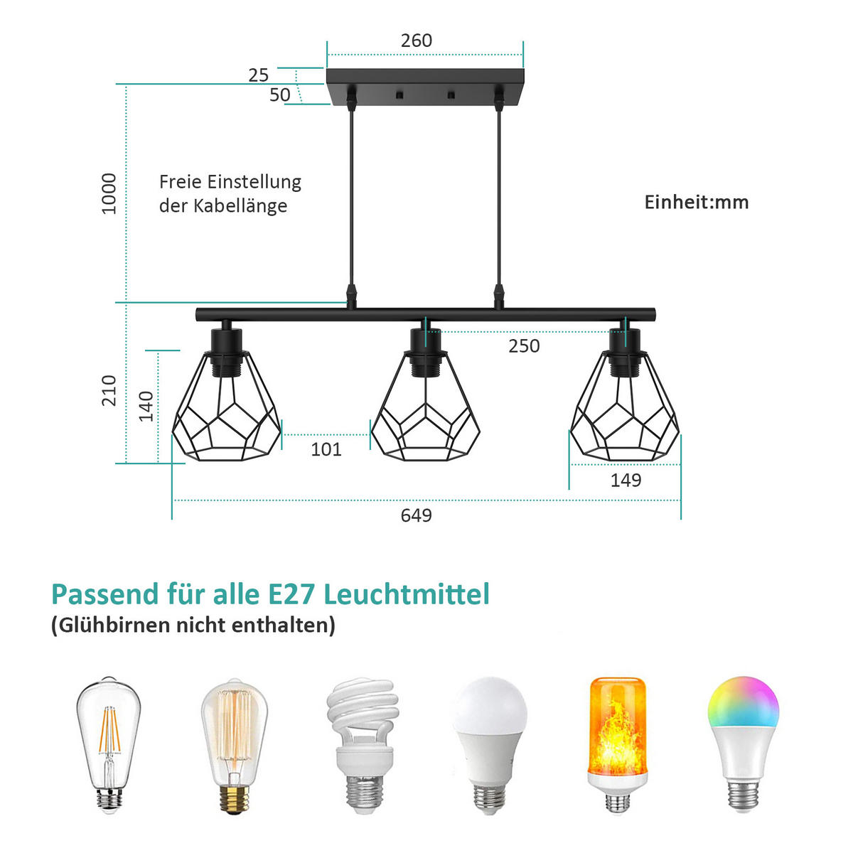 PENDELLEUCHTE mit Höhenverstellung, 3-flammig, schwarz - Schwarz, Metall (123/14.9/62.9cm) - EMKE