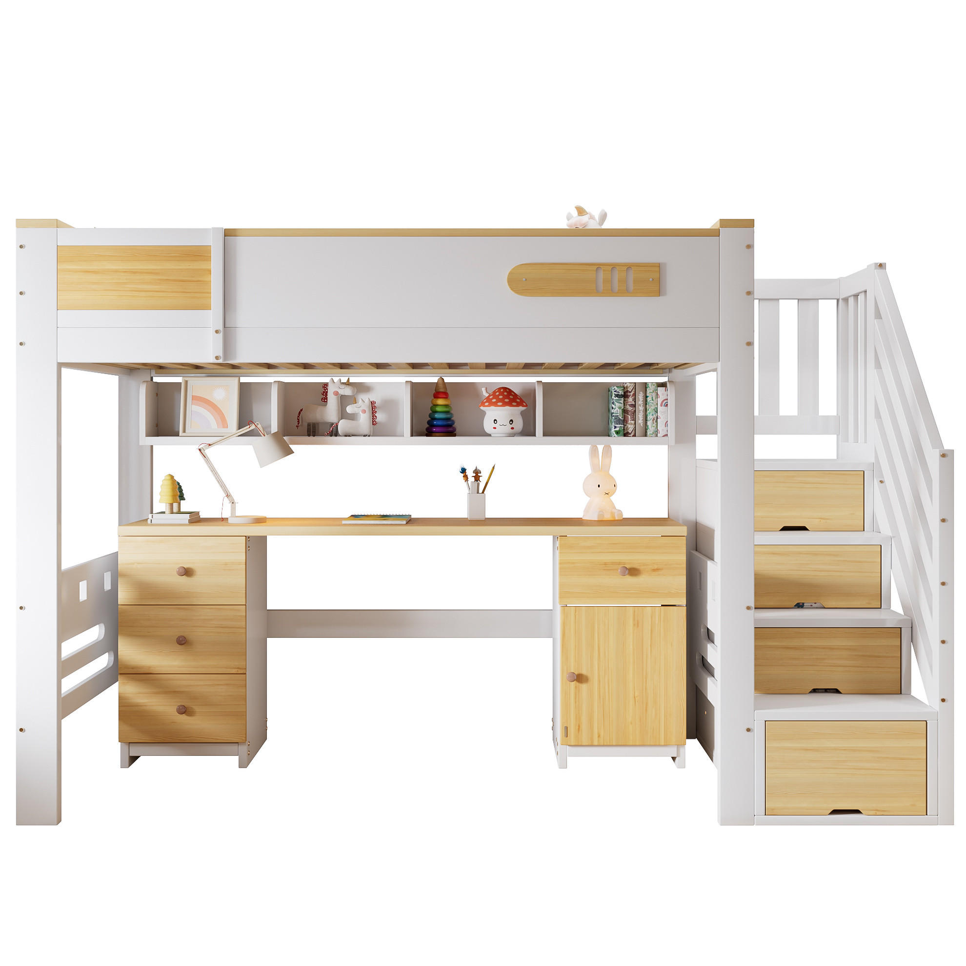 HOCHBETT Massivholz/MDF 90x200 cm Weiß/Natur mit Schreibtisch, Schubladen und Stauraumtreppe - Weiß, Holz (90/200cm) - Modfu