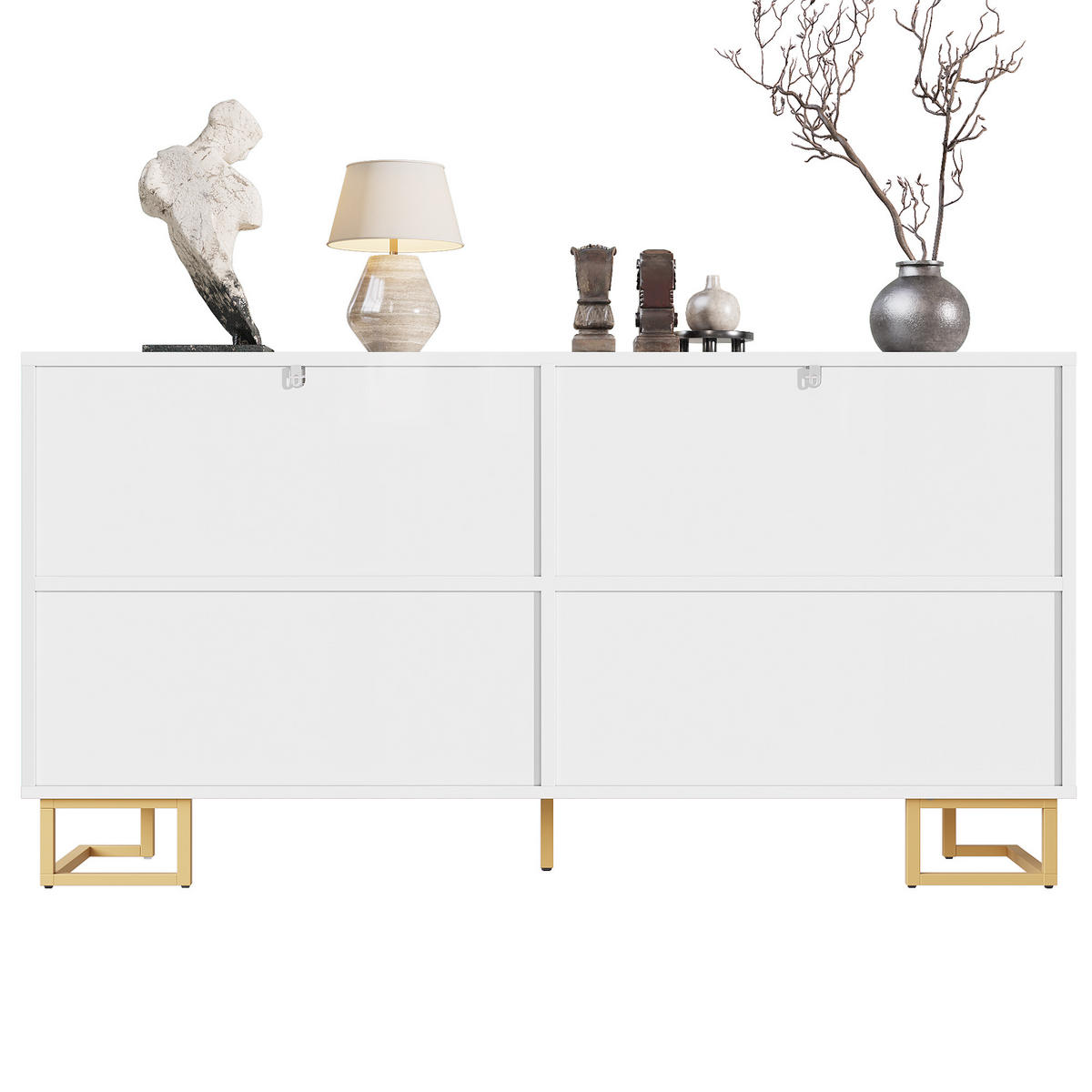 SIDEBOARD Weiß 152cm Geometrisches Design Gold Griffe Füße - Weiß, Holzwerkstoff (152/75/40cm) - FLIEKS