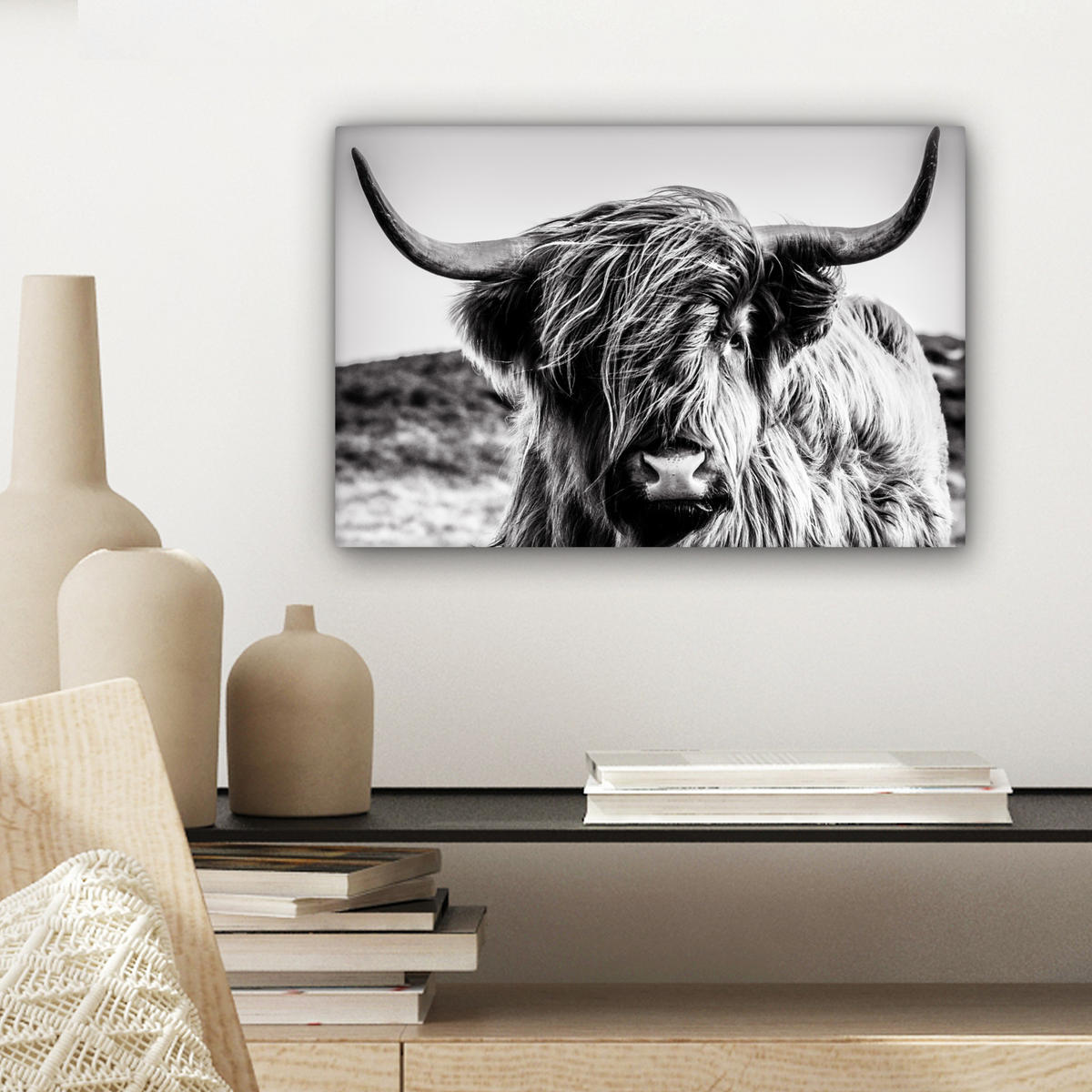 LEINWANDBILD Kuh - Schottischer Hochländer - Schwarz - Weiß - Tier - Natur - Wildtiere 30x20 cm - Schwarz, Textil (30/20cm) - MuchoWow