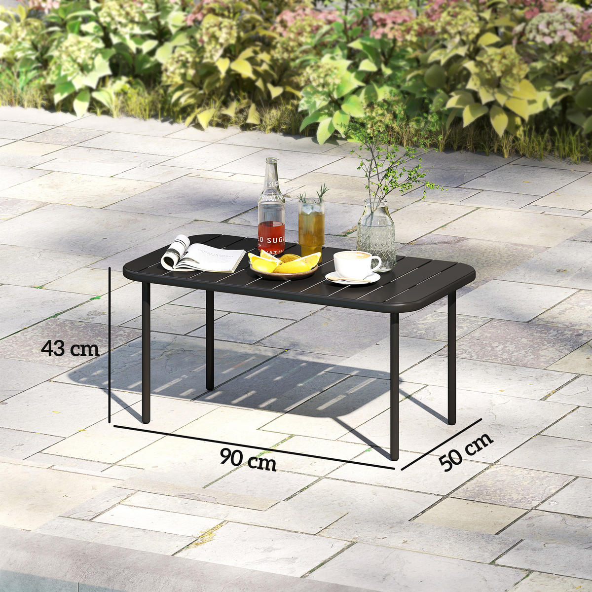 GARTENBEISTELLTISCH DE-14224 verzinkter Stahl mit Lattenrost Schwarz - Schwarz, Metall (90/50/43cm) - ComfortXL