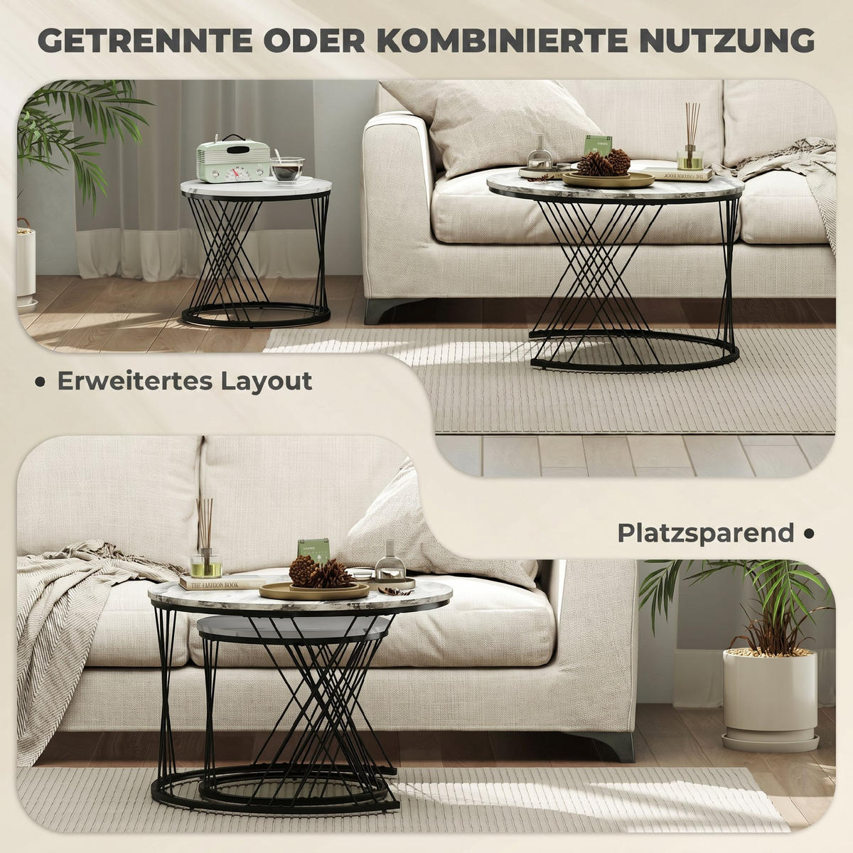 SOFFBORDSUPPSÄTTNING, 2-delad, spånskiva, metall, grå+vit+svart - Svart/Multicolor, Träbaserade material/Metall (70/70/46.5cm) - HOMCOM