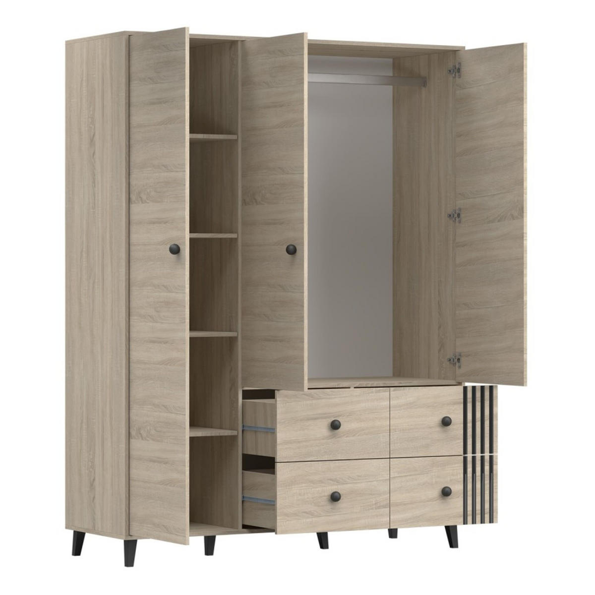 DREHTÜRENSCHRANK - FORTEN 3D4S (Sonoma + Schwarz) - Sonoma Eiche, Holzwerkstoff/Metall (150/201/55cm) - Möblo