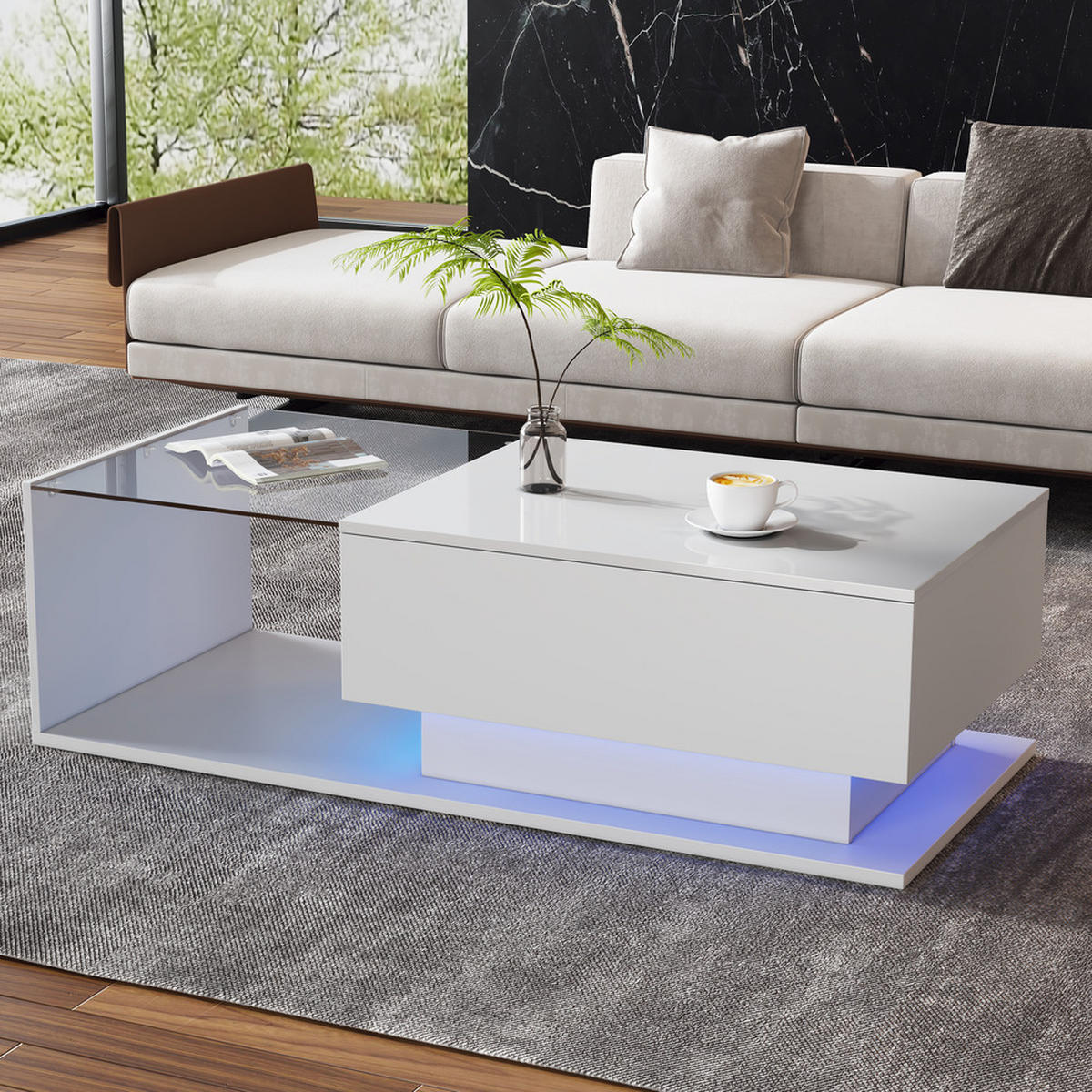 COUCHTISCH 100x50cm Hochglanzweiß Glasplatte Schublade LED-Beleuchtung - Weiß, Holz (100/50/32cm) - FLIEKS