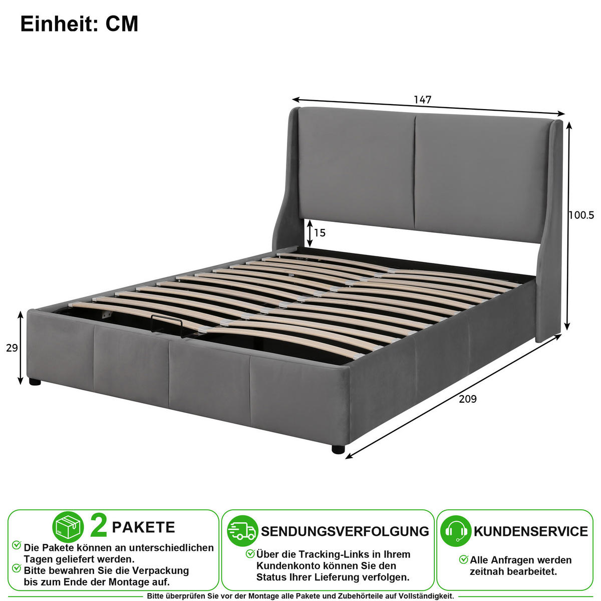 POLSTERBETT 140/200 cm in Grau Samt mit Bettkasten - Grau, Holzwerkstoff/Textil (140/200cm) - CHICFURN