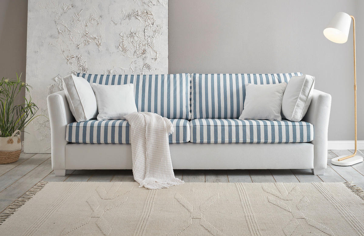 SOFA 3-Sitzer creme blau gestreift, Landhaus 240 cm, Couch inklusive Kissen - Blau/Creme, Holz/Textil (240/88/96cm) - Furn.Design