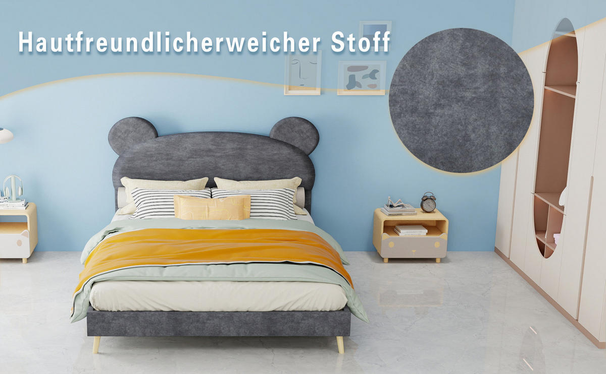 KINDERBETT 140/200 cm mit Polsterkopfteil in Bärenohr-Optik und Taschenfederkernmatratze, Grau - Grau, Textil (140/200cm) - Redom