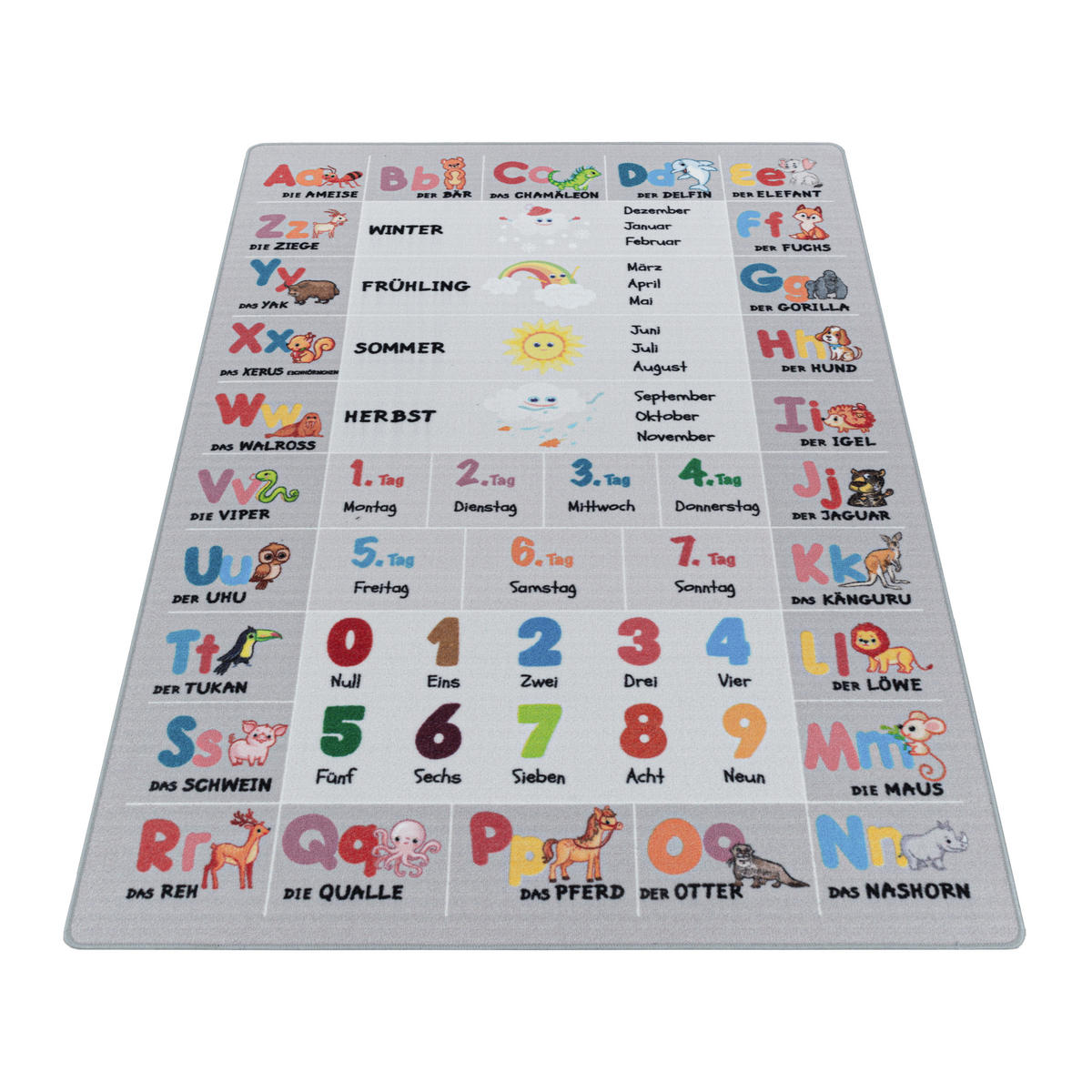 TEPPICH Kinder Flachgewebe Tiere-Zahlen-Alphabet Polyamid Kinderzimmer Grau Rechteckig 140x200 - Grau, Textil (140/200cm) - KADIMA DESIGN