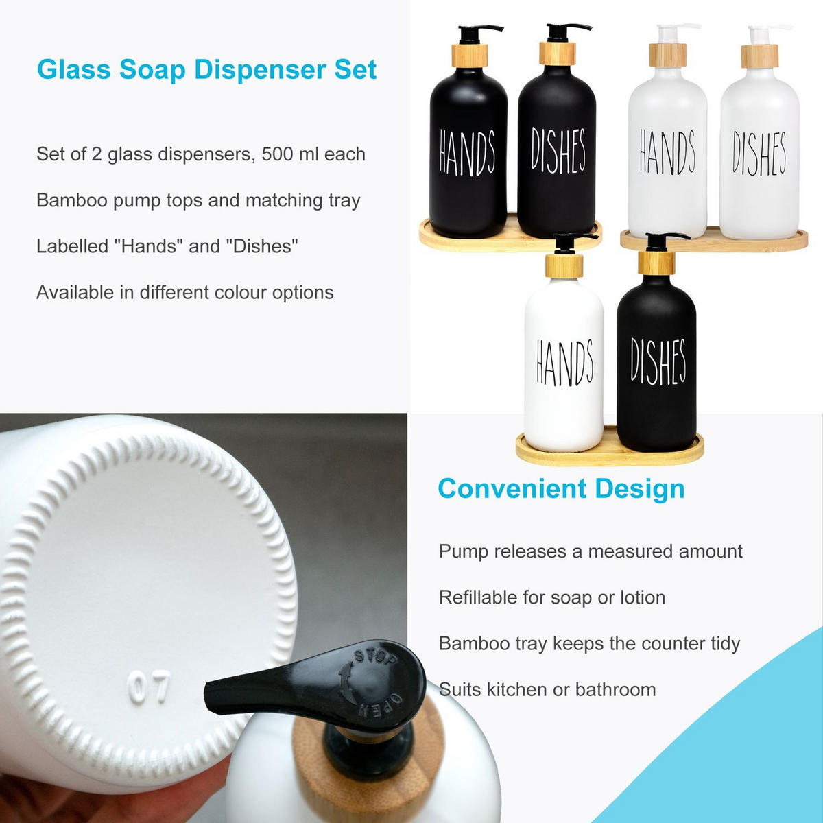 SEIFENSPENDER SET 500ml mit Tablett (3-tlg.) - Weiß, Glas (8.8/20.6/17.4cm) - Intirilife