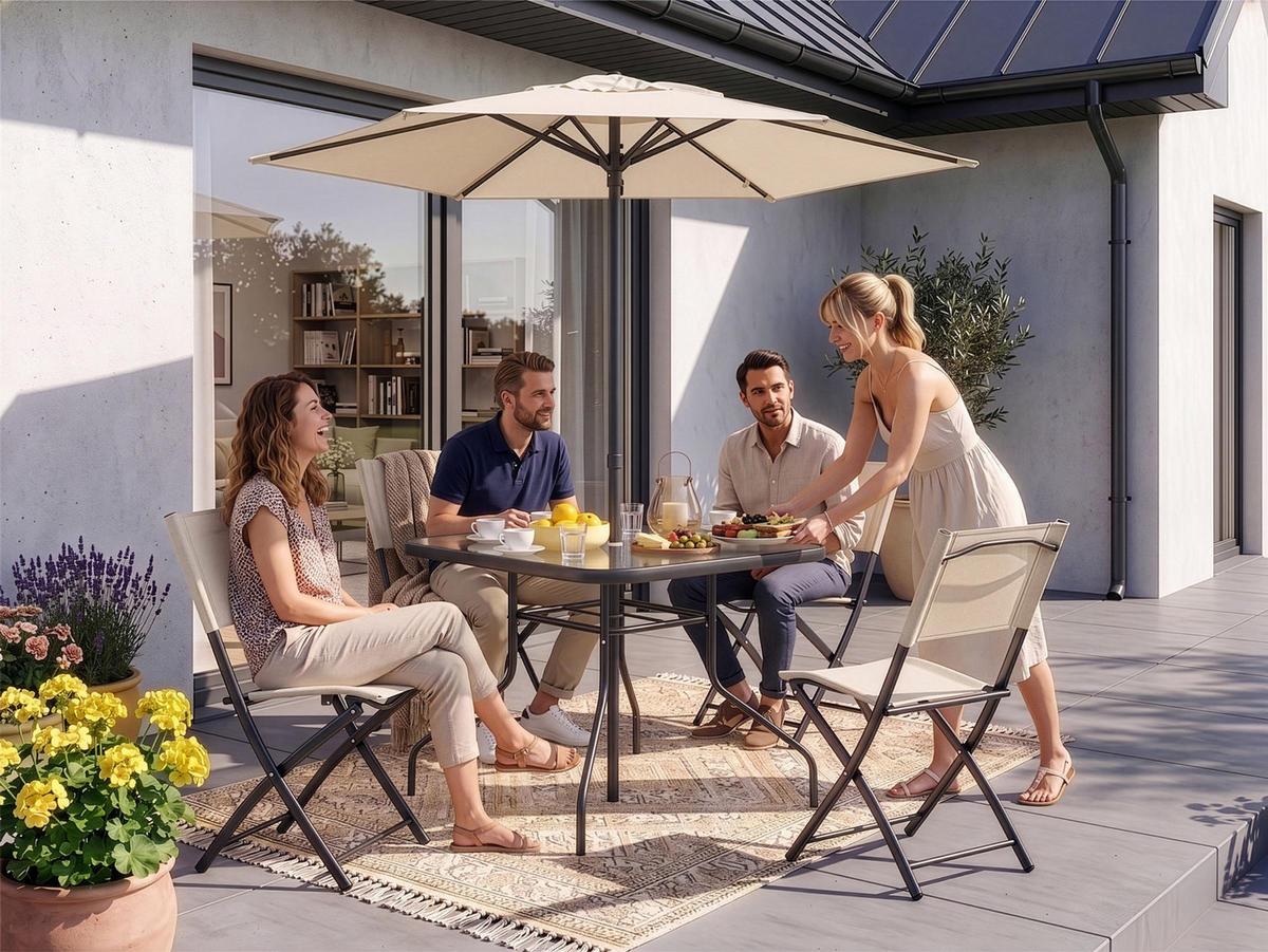 GARTENMÖBEL-SET mit 1 Esstisch. 4 Klappstühlen und 1 Aufstellschirm. Schwarz und Beige - Beige/Schwarz, Metall - Home Collective