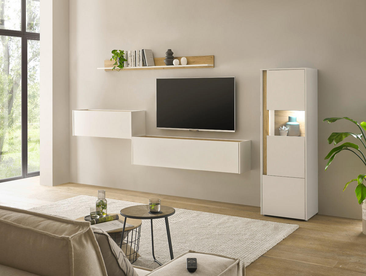 WOHNWAND weiß, Eiche Wotan 4-teilig 320 cm, Schrankwand mit Sekretär - Eiche Wotan/Schwarz, Glas/Holzwerkstoff (320/170/40cm) - Furn.Design